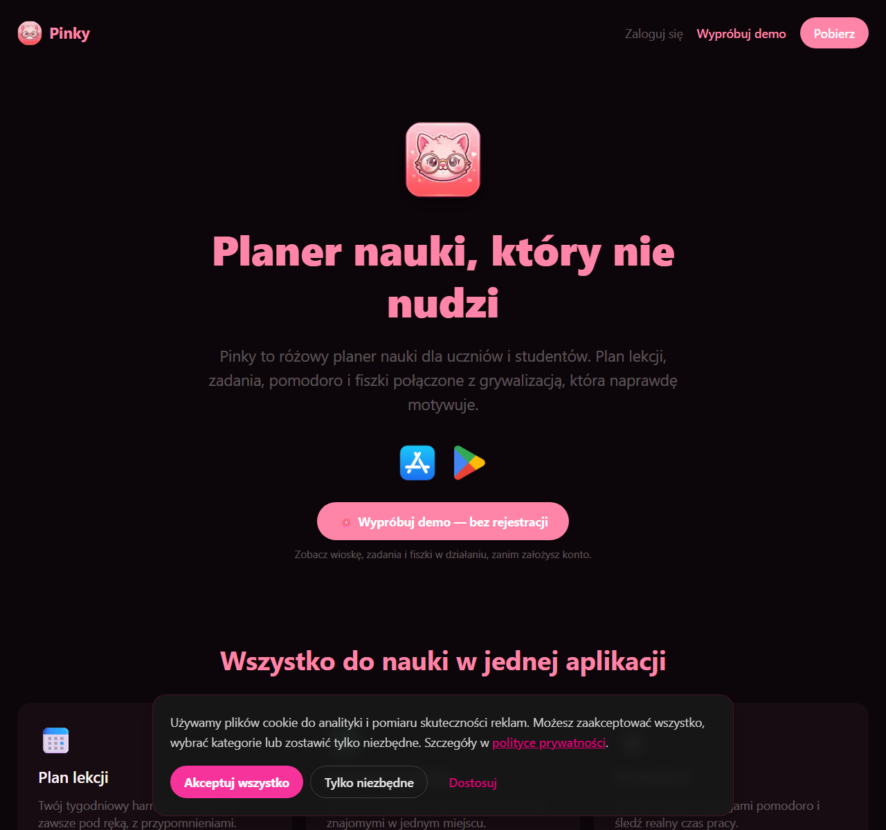 Zrzut ekranu Pinky — planer nauki, strona produktu